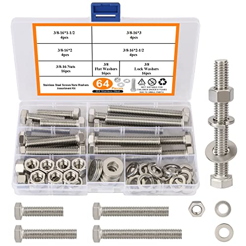 3/8-16 Hex Bolts and Nuts Kit 64PCS, 304 Stainless Steel 3/8” Heavy Duty Nuts and Bolts Screws Flat & Lock Washers Kit, Machine Screws Set with Storage Case - size: D. 3/8
