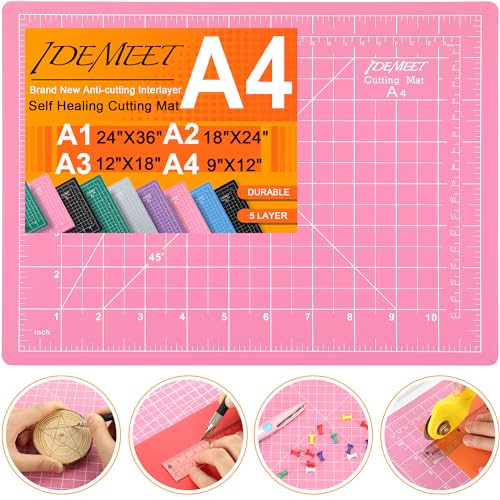 Density-upgraded 9"x12" Self Healing Cutting Mat, Idemeet Rotary Sewing Mat for Crafts, 5-Ply Blade Table Protector Cut Board for Fabric Leather Cutting Quilting Modeling Hobby Project, A4, Pink - color: Pink, size: 11.9"L x 8.8"W