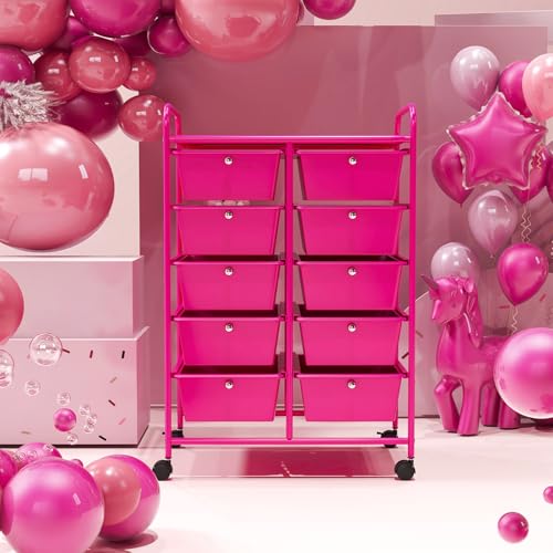 COSTWAY 10 Drawer Rolling Storage Cart, Utility Cart with Lockable Wheels - color: Hot Pink, size: 10 Drawer
