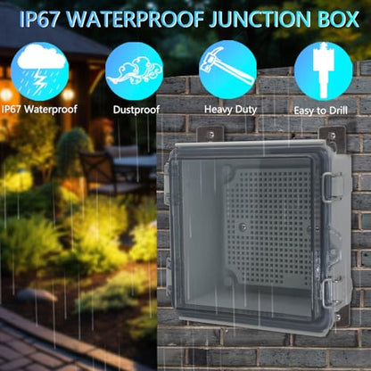 IP67 Waterproof Junction Box, ABS Plastic Electrical Enclosure with Stainless Steel Latch, Hinged Cover Electric Box with Mounting Plate, Wall Brackets & Cable Glands 210x210x100 - color: Grey, size: 8.3"x8.3"x3.9" Standard