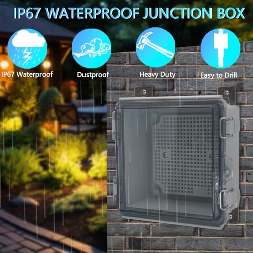 IP67 Waterproof Junction Box, ABS Plastic Electrical Enclosure with Stainless Steel Latch, Hinged Cover Electric Box with Mounting Plate, Wall Brackets & Cable Glands 220x170x110mm - color: Grey, size: 8.7"x6.7"x4.3" Standard