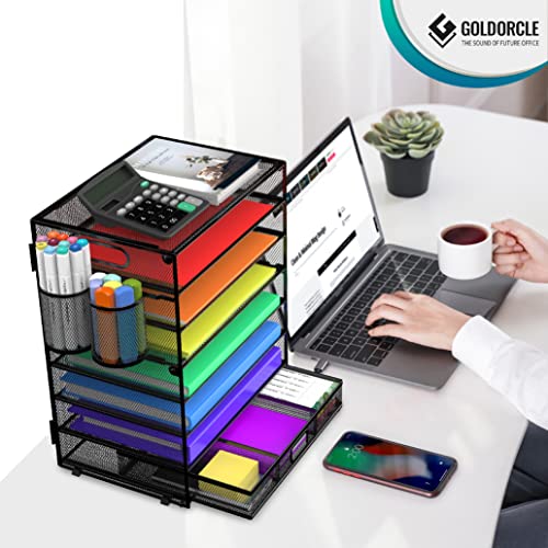 8 Tier Paper Letter Tray Organizer (Black-with Drawer,Pen Holders) - color: Black-with Drawer,pen Holders
