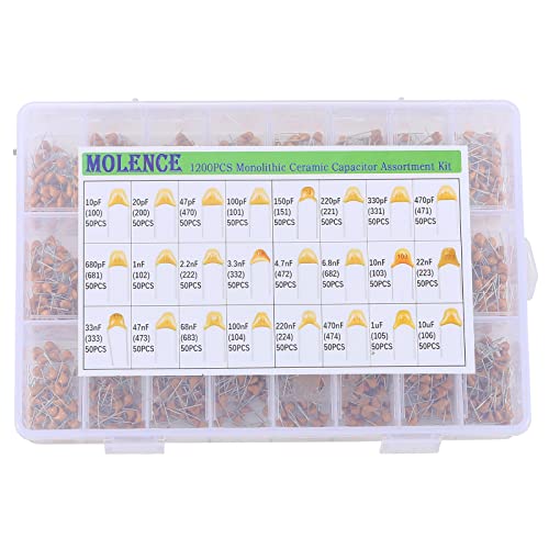 1200PCS 24 Values Multilayer Monolithic Ceramic Capacitor, 10pF to 10uF Ceramic Capacitor Assortment Kit with Storage Box for Hobby Electronics, Audio-Video