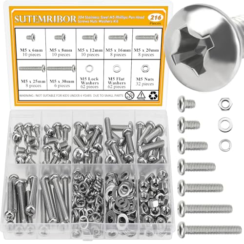 216 Pieces M5 Machine Screws Nuts Washers Set, Sutemribor M5 x 6/8/12/16/20/25/30mm Phillips Pan Head Machine Screws Nuts Washers Assortment Kit, 304 Stainless Steel, Fully Threaded - size: M5, style: Phillips Pan Head