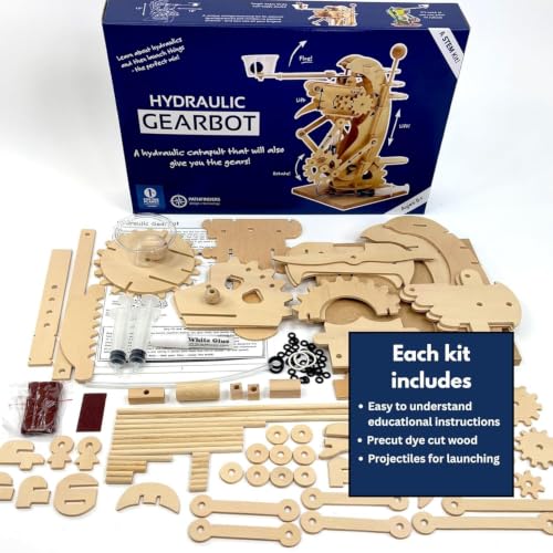 PATHFINDERS STEM Kit – Hydraulic Gearbot | Wooden Robot Building Kit with Gears, Levers & Catapult Launcher | Engineering Toy for Kids Age 8-12 | STEM Gift for Boys & Girls