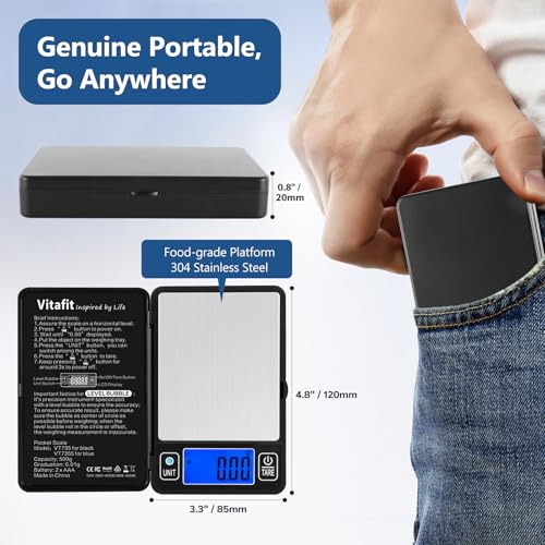 Vitafit 500g Digital Gram Scale in 0.01g, High Accuracy Assured by Built-in Level Bubble, Scale Professional Since 2001, Pocket Scale for Multi-Function: Kitchen, Food, Jewelry, Lab, Coffee, Black - size: 4.8 x 3.3in