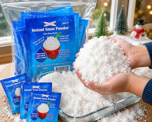 Instant Snow Powder - 30 Pack - Makes 60+ Cups Artificial Fake Snow for Holiday Decor, Sensory Play, Slime & Kids Crafts - Fluffy & Safe