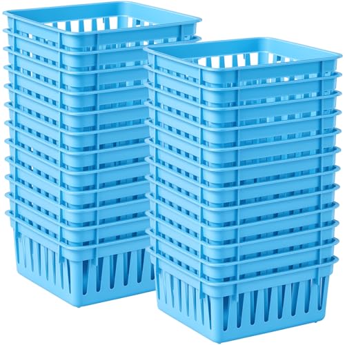 24 Pack Small Classroom Storage Baskets for Classroom Organizing, 5.3 inch Square Plastic Bins for Teacher Supplies, Desktop Trays for School, Office, and Home Kitchen (Blue) - color: Blue