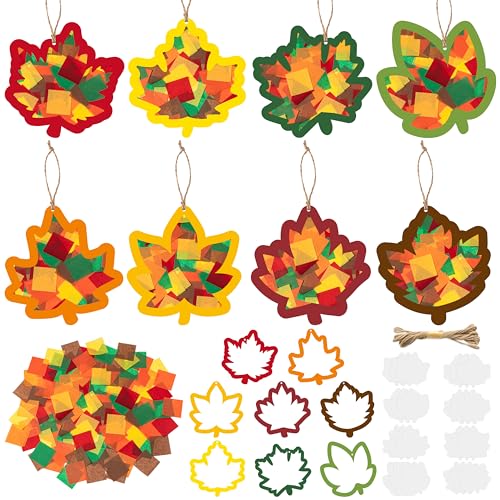 CJiangpo 24 Sets Fall Maple Leaves Suncatcher Paper Craft Kits, DIY Stained Glass Effect Window Ornament Rainbow Tissue Paper Art Craft Classroom Activities Supplies Thanksgiving Party Decor - style: Maple Leaves
