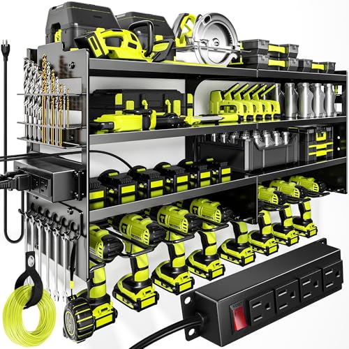 POKIPO Large Power Tool Organizer Wall Mount with Charging Station,4 Layer Heavy Duty Metal Tool Storage Rack Loads 600lbs with 8 Cordless Drill Holder,Battery Utility Rack Loads with 4 Power Strip - color: Black, size: Large