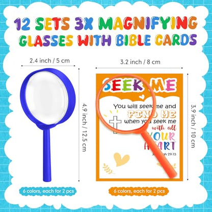 12 Set Magnifying Glasses Gifts Set for Kids 3X Handheld Magnifying Glasses with Bible Verse Cards 2026 VBS Christian Bulk Back to School Bulk for Students Preschool First Day of School Gifts
