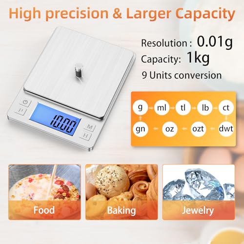 BOMATA 0.01g Small Digital Gram Scale, Upgraded 1kg Jewelry Scale - size: 0.01g/1kg Silver (Non-Rechargeable)