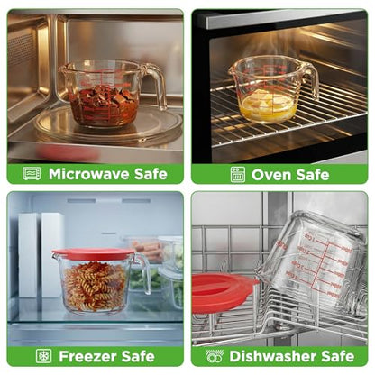 NutriChef 1,2 and 4 Cups Glass Measuring Cup Set with Lids (8, 17 and 34 oz) - Heat-Resistant Borosilicate Liquid Measure Cups with Easy-Read Scale for Cooking, Baking & Food Storage, Dishwasher Safe - size: 3 pc set with lids