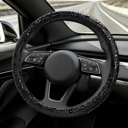 15" Leather Car Steering Wheel Cover (Black) - color: Black