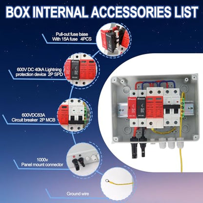 600V Solar PV Combiner Box, 1 String DC Disconnect Box with 15A Fuse - color: White-1 inputs and 1 Output