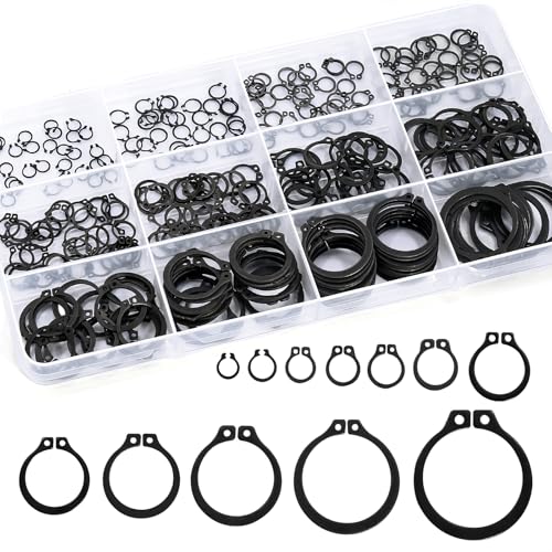 External Shaft Retaining Ring Assortment Kit, Black Carbon Steel Circlips, Multiple Sizes with Storage Case