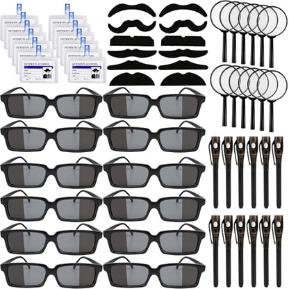 60 Pcs Spy Detective Party Favors Set Spy Kit Detective Glasses Magnifying Glass Pass Card Invisible Ink Pen Fake Mustache Sticker treat Bags Stuffers Escape Room Birthday Party Decorations