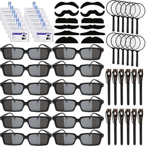 60 Pcs Spy Detective Party Favors Set Spy Kit Detective Glasses Magnifying Glass Pass Card Invisible Ink Pen Fake Mustache Sticker treat Bags Stuffers Escape Room Birthday Party Decorations