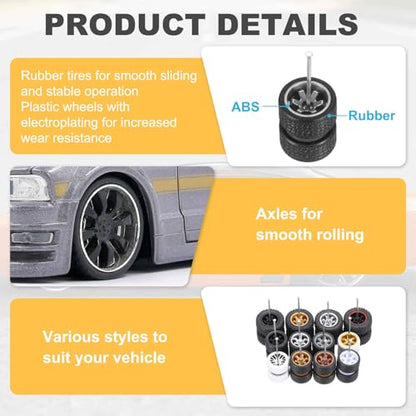 MECCANIXITY 4 Set 1/64 Wheels and Tires Set, Real Riders Rims Includes Axles for RC Diecast Car DIY Model, Silver Rims - color: Silver Rims