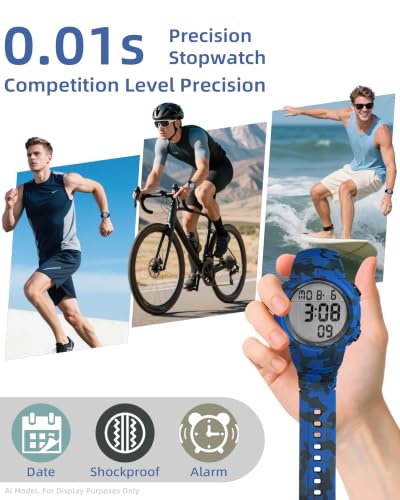 CakCity Digital Watch Mens, Waterproof Sport Wristwatch, Referee Stopwatch - color: Blue Camouflage
