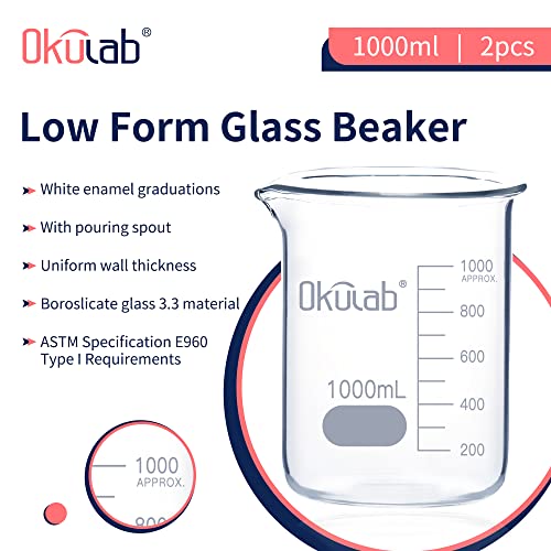 2pcs of 1000mL Glass Beaker, Low Form, Graduated 3.3 Borosilicate Glass Beaker Set for Lab, Classroom, Craft, Kitchen,BKLG1000A2 - style: Vol.1000ml, Case of 2