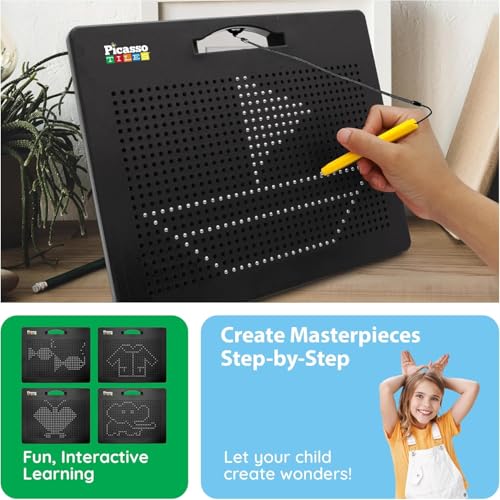 PicassoTiles Magnetic Drawing Board 748 Beads Pad Large 12x10 Inch STEM Writing Toy Reusable Erasable Educational Tablet for Toddlers Kids Age 3 Plus Magnet Learning Tool Brain Development PTB01BLK - style: Black