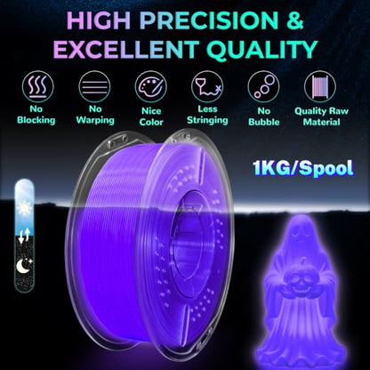 PLA+ 3D Printer Filament, Glow in The Dark Filament 1.75mm, Long-Lasting Glow & High-Brightness, Luminous Purple Bright 3D Printing Filament for Most 3D Printer - 1kg Spool(Glow Purple) - color: Purple
