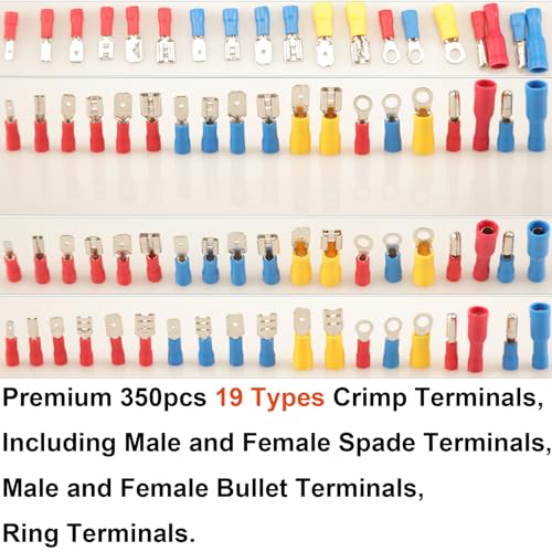 Feggizuli 350pcs 19 Types Crimp Connectors, 2.8mm, 4.8mm, 6.3mm Male and Female Spade Terminals, Copper, Red, Blue, Yellow - size: 350pcs