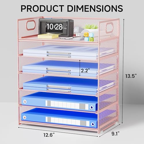 Pink Paper Organizer for Desk with Handle, 6-Tier - color: Pink, size: 12.6" x 9.1" x 13.5"