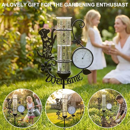 37.8" Rain Gauge Outdoor with Thermometer, Cute Dog Garden Rain Gauges - color: Black - Dog