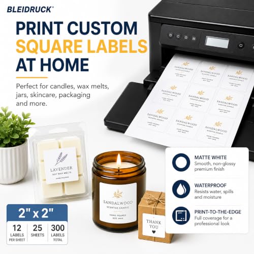 25 Sheets 2" x 2" Printable Matte Vinyl Square Lalebs 12up Bottle Labels - size: 12up-25 sheets
