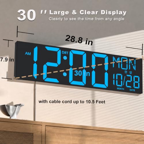 JALL 30" Giant Digital Wall Clock, Extra Large LED Clock with Remote, Huge Wall Clock with 7.3-inch Jumbo Numbers for Living Room, Gym, Blue - color: Blue, size: 30 inches