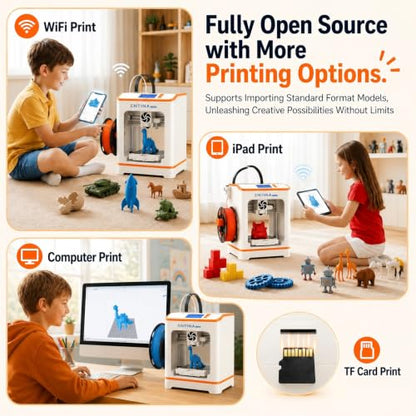 Entina Tina2C Mini 3D Printer Bundle for Kids & Beginners, Fully Assembled, Auto Leveling, Easy Setup, WiFi & App Control, 3000+ Models, 20+ DIY Modules, Includes 4-Color PLA Filament - color: Orange/Yellow/Pink/Purple