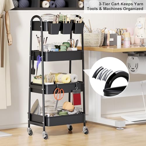 Black 4 Tier Rolling Cart Metal with Lockable Wheels,Four Tiered Dorm Carts - color: Matte Black, size: 4 tier