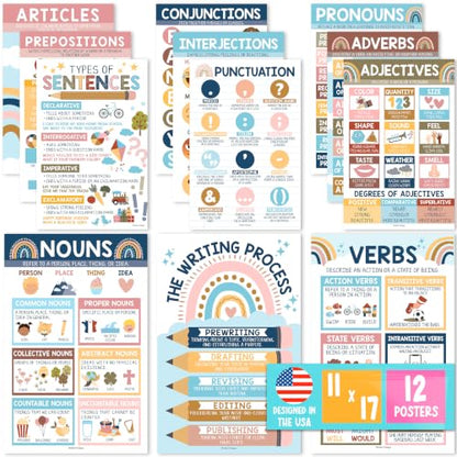 Parts of Speech Posters for Classroom Must Haves, 12 Grammar Posters - color: Boho Classic