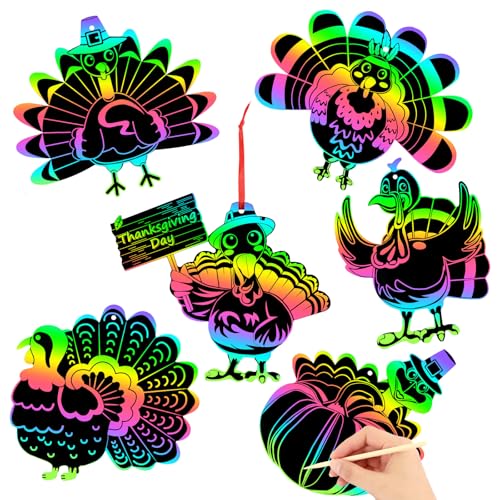 JULMELON 36Pcs Thanksgiving Crafts for Kids, Rainbow Scratch Paper Turkey - style: Thanksgiving Turkey