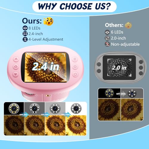 Odatay 2.4" 4K 1000X Digital Kids Microscope with 32G Card 12 Slides, Pink - color: Pink
