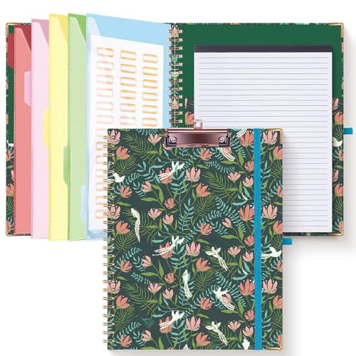HAUTOCO Clipboard Folio with Refillable Notepad for Letter Size (11" x 8.5"), 5 Dividers with 10 Pockets, Elastic Pen Holder and File Folder Labels, Spiral Nurse Clipboard Artboard(Flower Bird) - color: Flower Bird