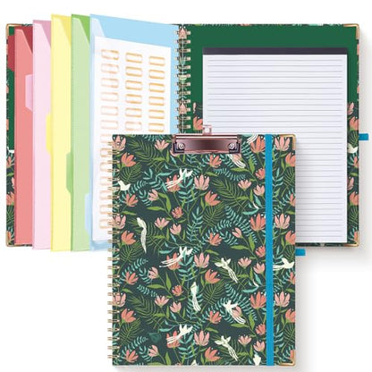 HAUTOCO Clipboard Folio with Refillable Notepad for Letter Size (11" x 8.5"), 5 Dividers with 10 Pockets, Elastic Pen Holder and File Folder Labels, Spiral Nurse Clipboard Artboard(Flower Bird) - color: Flower Bird