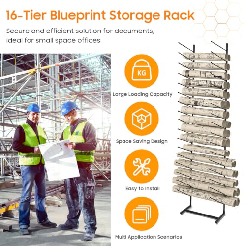 Blueprint Storage Rack,16-Tier Metal Poster Display Rack Wall Mount Blueprint Holder for Office Construction Engineering Vertical Poster Storage for Roll of Drawing Art Paper
