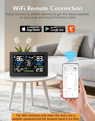 WiFi Weather Station Wireless Indoor Outdoor, Thermometer with Rain Gauge and Wind Speed/Direction, Large Display for Weather Forecast, Temperature, Humidity, Clock, Alarm, UV, Air Pressure, Black