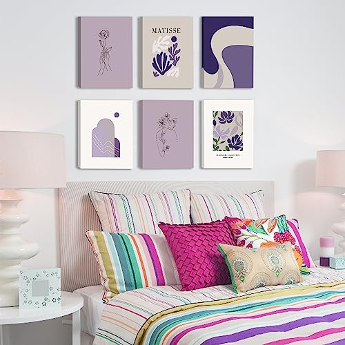 CHDITB Matisse Theme Wall Decor Purple Flowers Canvas Prints Minimalist Floral Framed Set of 6(12”X16”)Matisse Wall Art Posters Abstract Matisse Botanical Decor for Living Room Dress Room Girls Room - color: Matisse, size: 12x16 inches