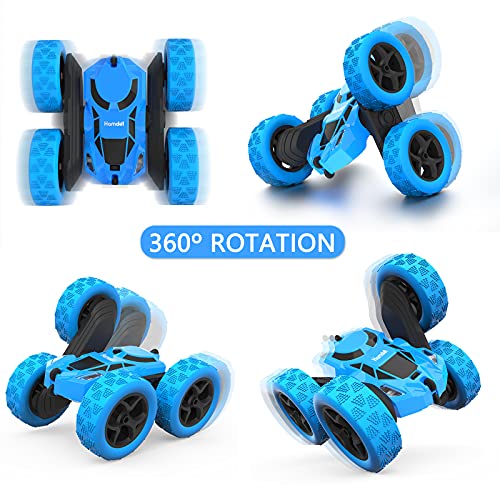 Hamdol Remote Control Car for Kids, 360° Rotating RC Stunt Car Double-Sided 4WD Electric Vehicle with LED Lights, 2.4GHz Rechargeable Toy Cars for Boys Girls Age 6 7 8 9 10 11 12, Birthday Gift - color: Blue, size: Standard (Headlights)