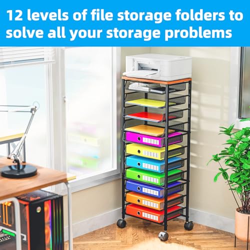 Simple Trending 12-Tier Rolling File Cart, Desk File Organizer with 11 Mesh Sliding Trays, Letter & Legal Paper Storage Rolling Utility Cart for Office Home School, Black - style: 12 Tier-Wood