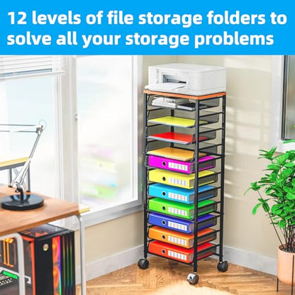 Simple Trending 12-Tier Rolling File Cart, Desk File Organizer with 11 Mesh Sliding Trays, Letter & Legal Paper Storage Rolling Utility Cart for Office Home School, Black - style: 12 Tier-Wood