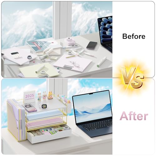 Wood Desk Organizers and Accessories with File Holder & Catalog Racks - color: Gold