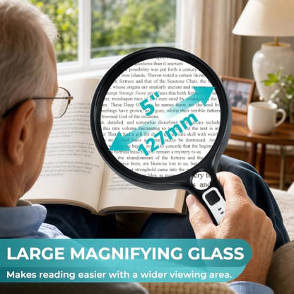 5 Inch Large Magnifying Glass with Light, 10X 30X Rechargeable Lighted Handheld Magnifier with 20X Pocket Magnifying Glass for Low Vision Seniors Reading Small Prints Close Work