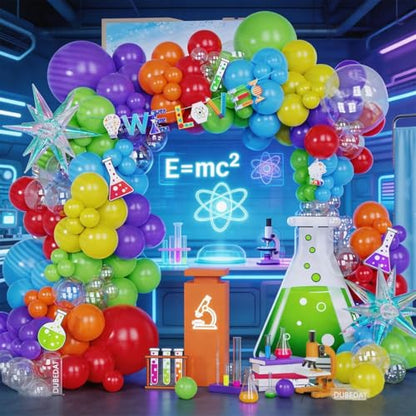 150PCS Science Party Decorations, Banner, Rainbow Balloon Arch Garland Kit for Lab Week, Mad Science Fun, Scientist Students Schoool Educational Theme Decoration, Happy Pi Day Birthday Party