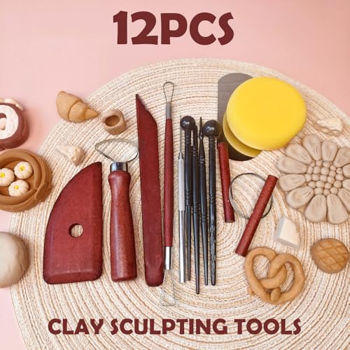 12PCS Pottery Tools Kit, Polymer Clay Tools Set for Sculpting, Air Dry Clay Tools, Ceramic Tools for Carving, Modeling, Molding, Shaping, Dotting, Trimming, Arts Crafts Supplies, Adults, Beginners - color: 12PCS