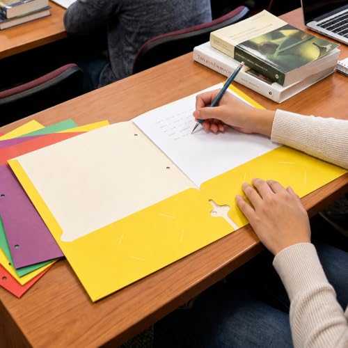 SUNEE Folders with Pockets 3 Hole Punched(50 Pack, Yellow), 2 Pocket Folders Fit Letter Size Paper, Paper File Folder for School Office Home Business - color: Yellow